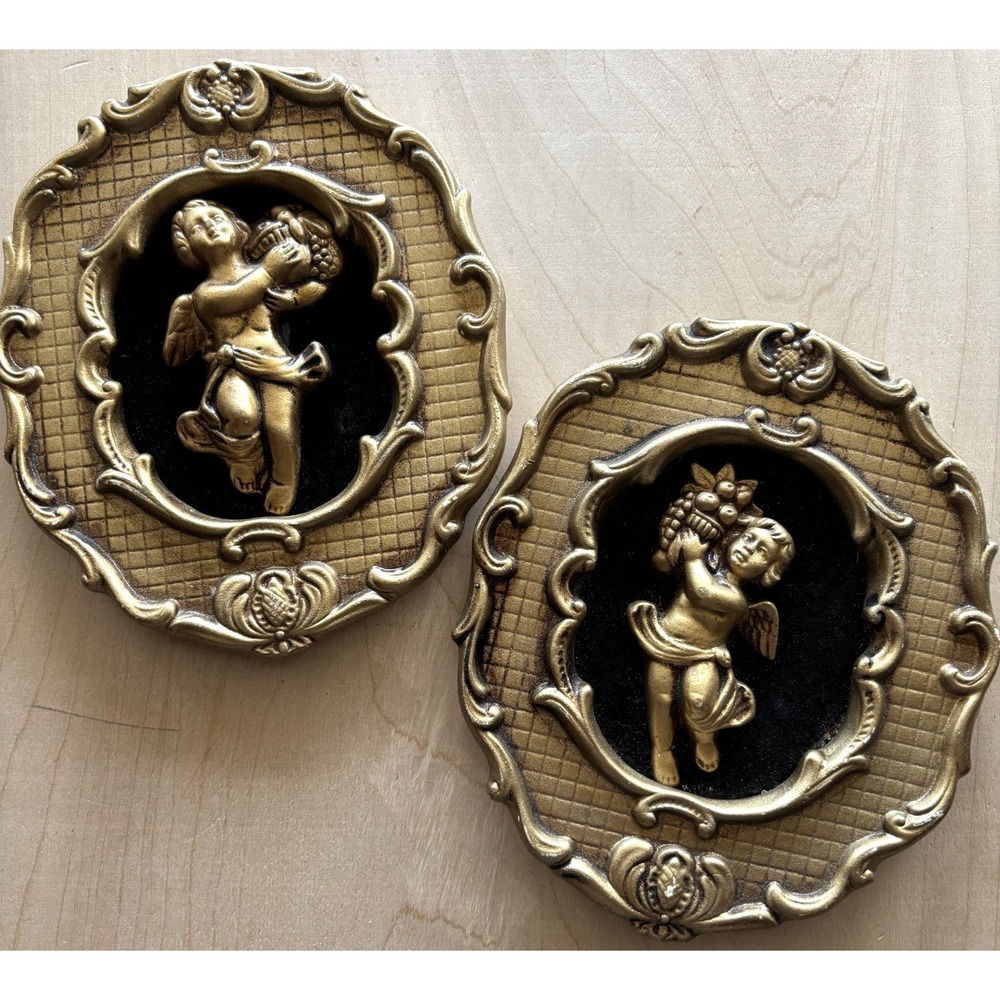 Vtg Ardco Cherub Plaques LOT of 2 Gold Ceramic Black Flocking Renaissance Angels